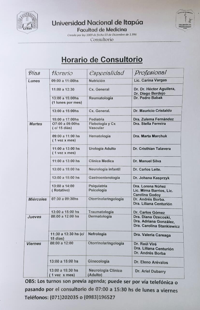 Horario de consultorio 2018